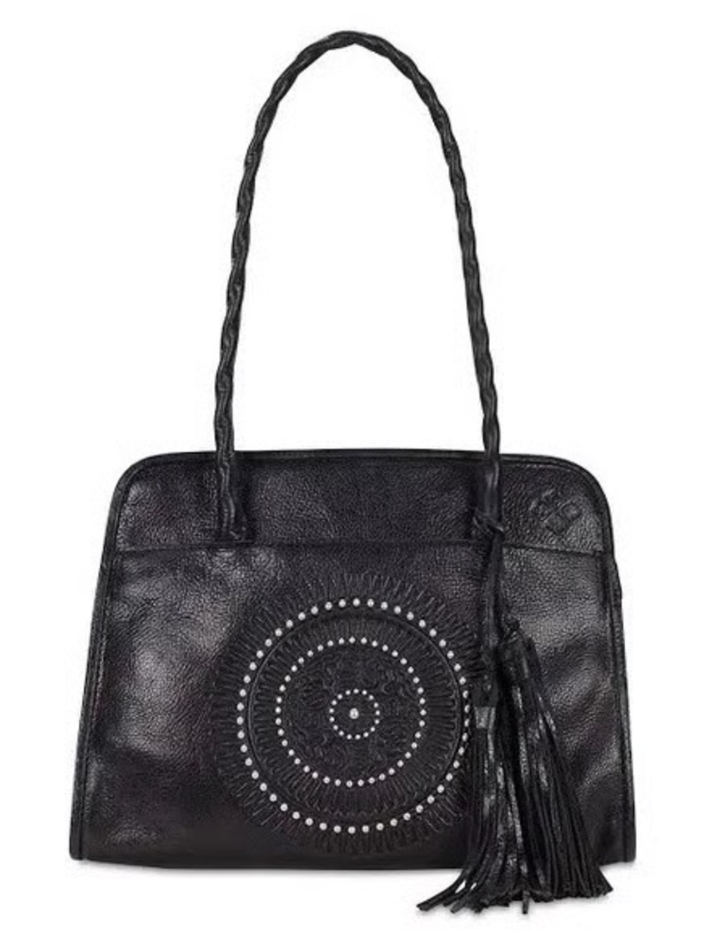 PATRICIA NASH Paris Tooled Italian Leather Tassel Studded Satchel Bag in Black